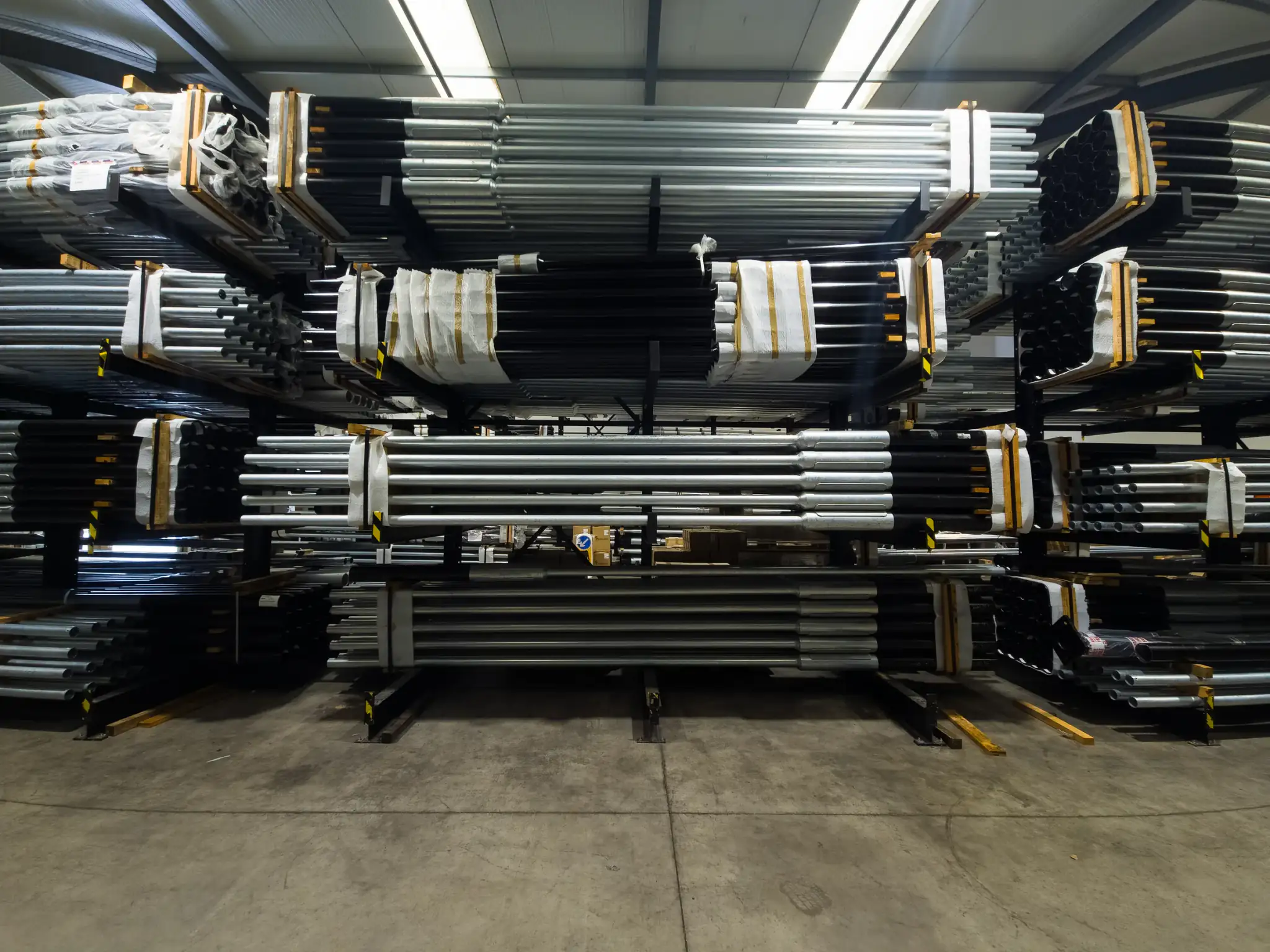 Cantilever racking storing steel tube in a warehouse