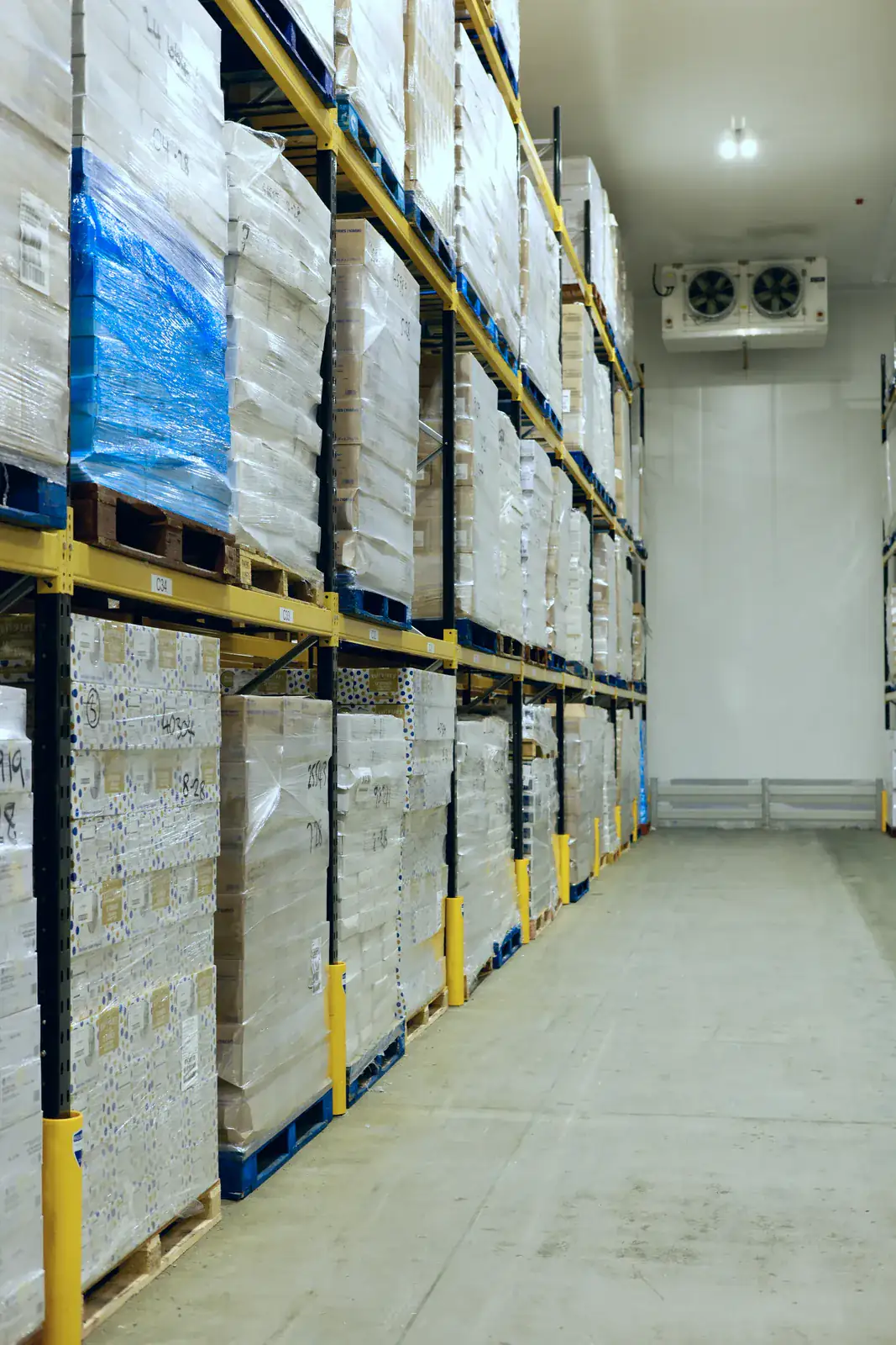 Cold store pallet racking with an evaporator unit