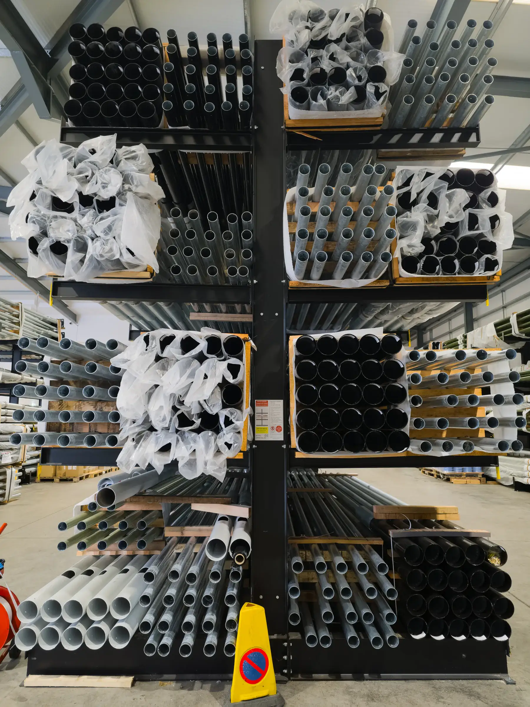 Double sided cantilever racking storing pipe and fittings