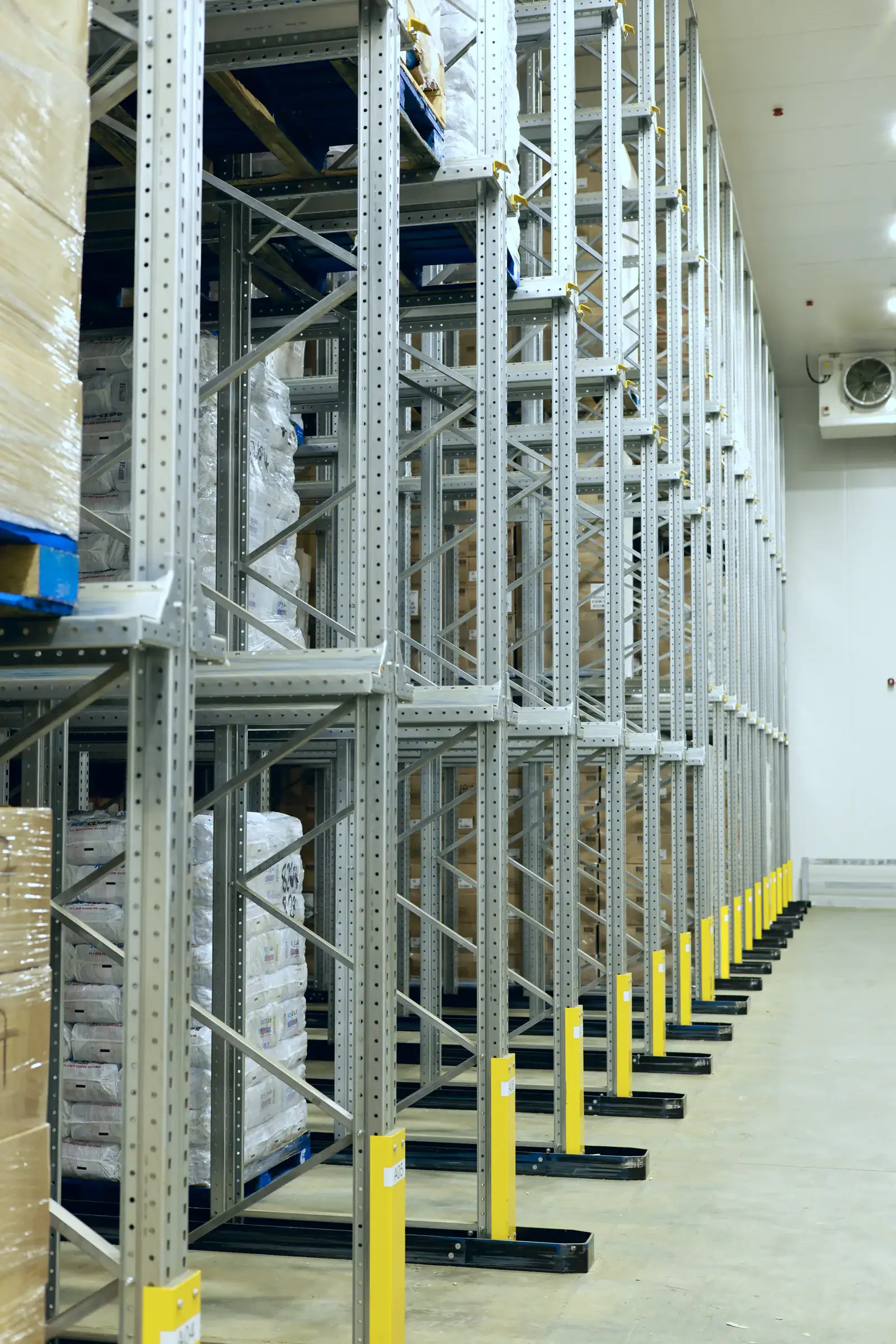 Drive-in racking lanes with guide rails in a cold store