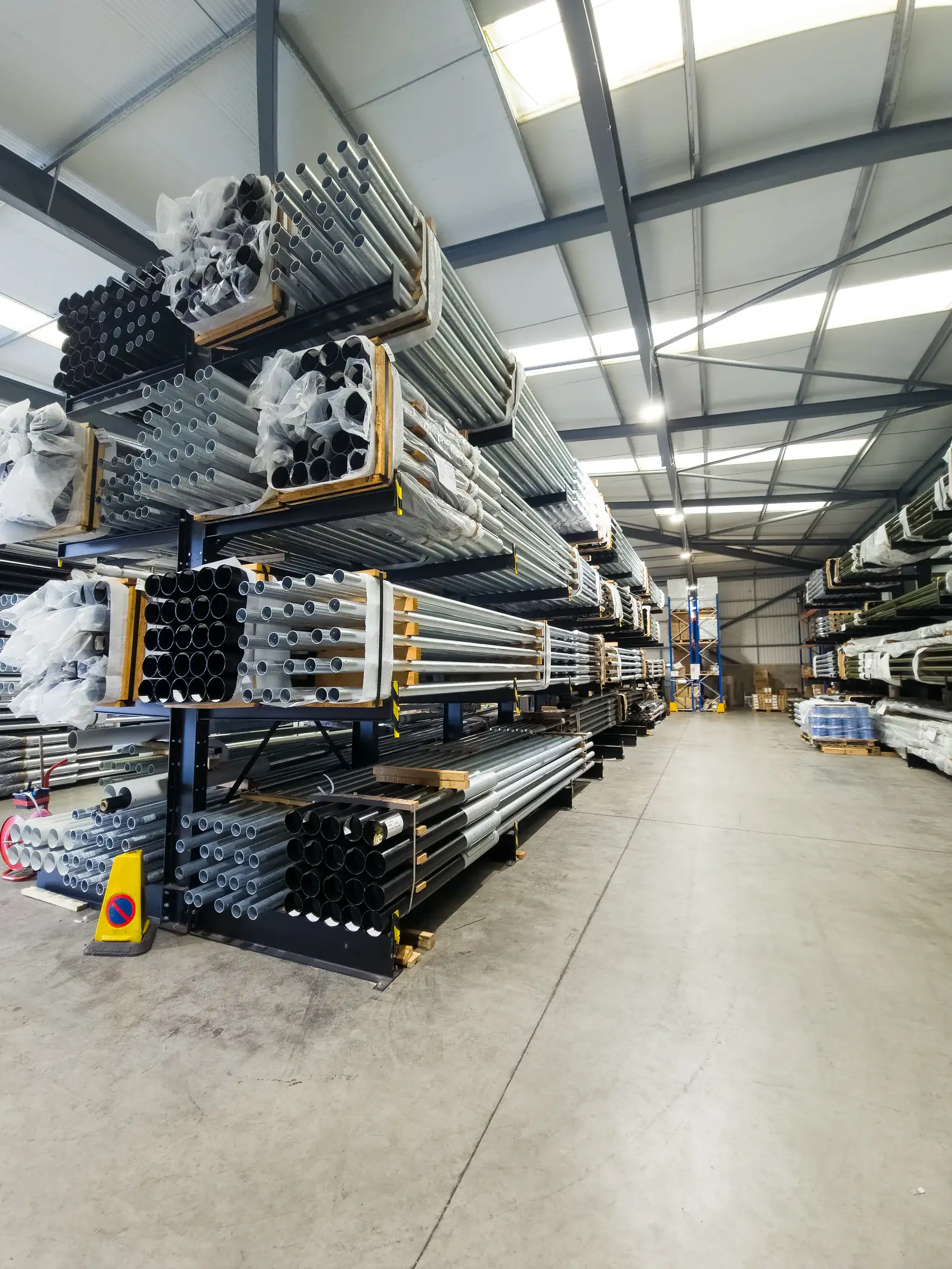 Indoor cantilever racking aisle storing plastic pipe