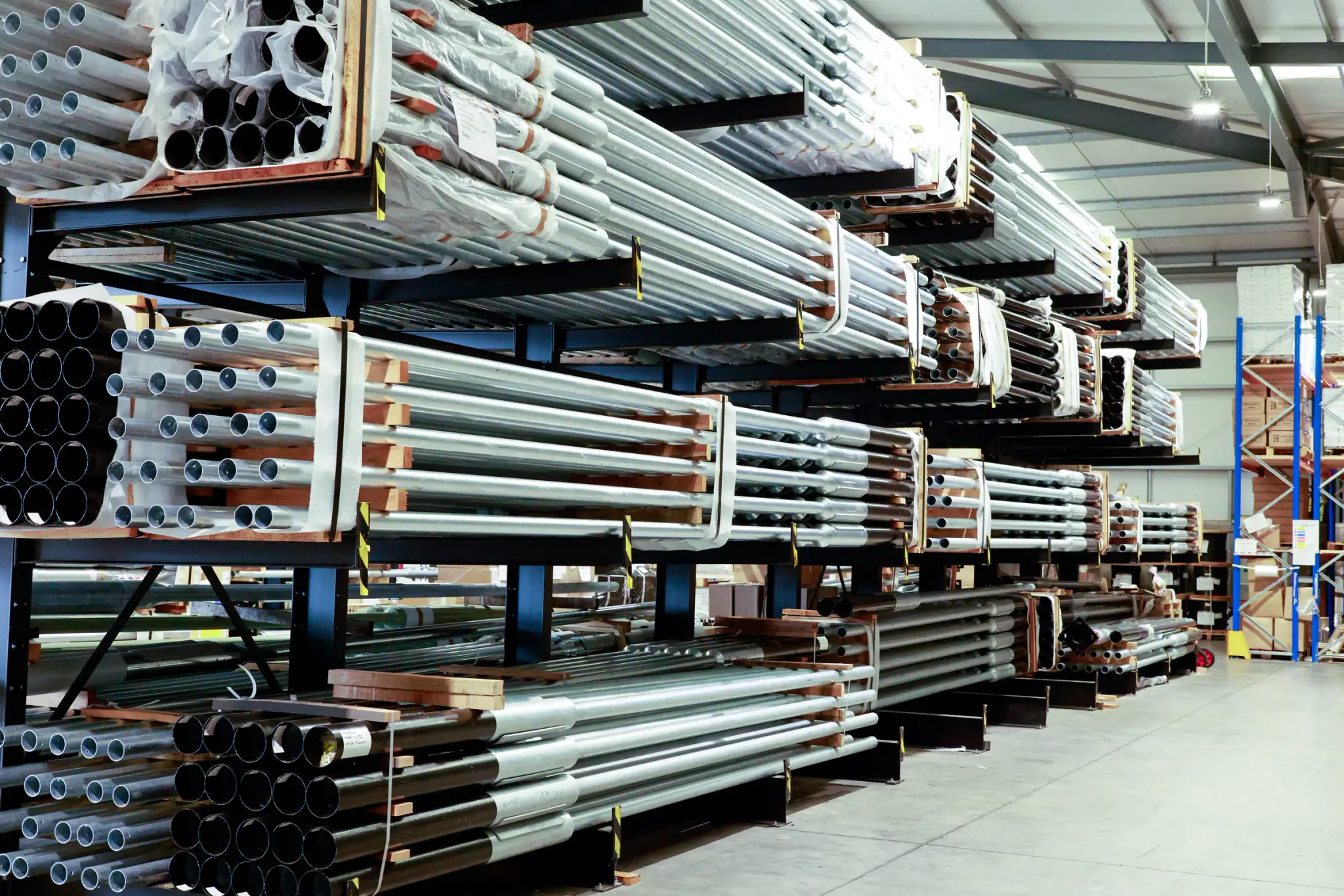 Indoor cantilever racking storing plastic pipe and duct