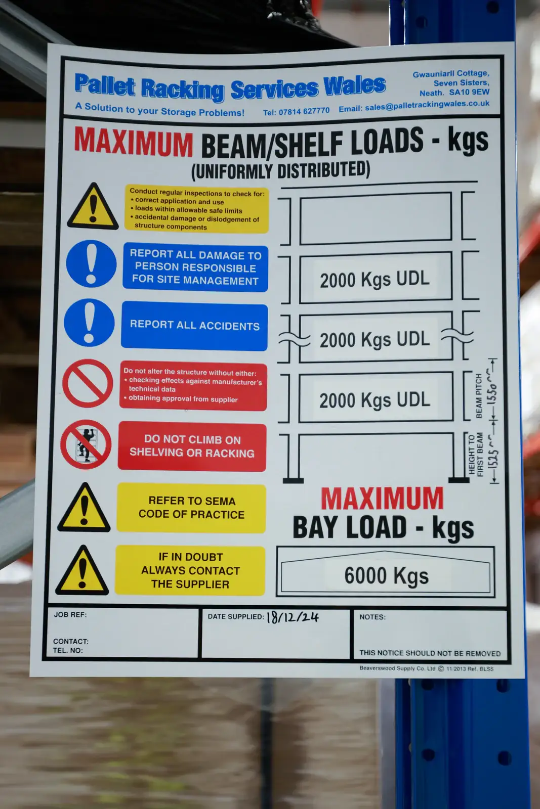 Pallet racking maximum beam and bay load notice