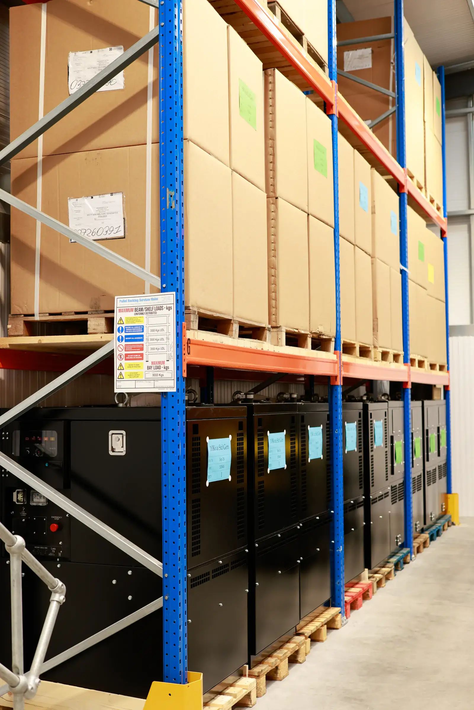 Pallet racking with a load notice storing boxed stock and equipment